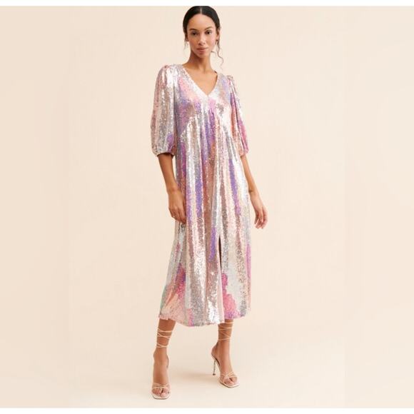 Anthropologie Turner Midi Dress Sequins Colorful Bubble Sleeve Size Medium - Picture 1 of 9